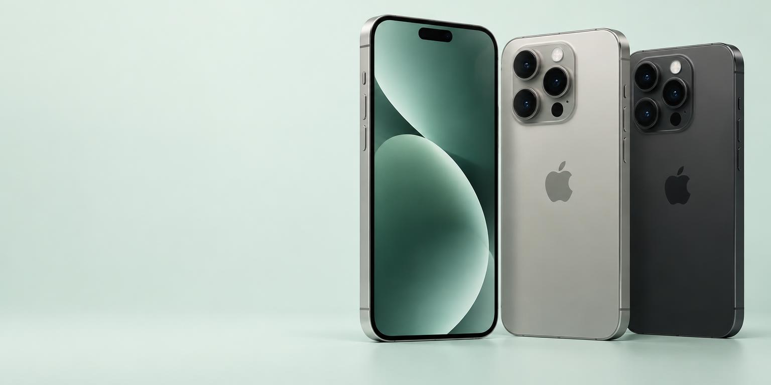 Apple iPhones in silver, natural titanium and black, shown front and back
